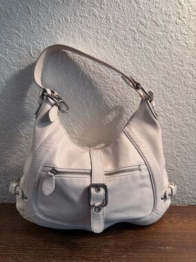 Cream White Leather Hobo Shoulder Bag Silver Hardware Zip Pocket Buckle Detail